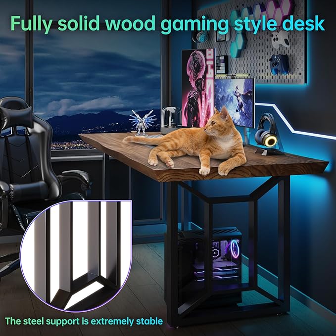 Solid Wood Computer Desk Study Office Desk 55" Writing, Modern Simple Style PC Table, Black Metal Frame, Solid Wood Planks 55" D x 27" W x 29" H for Home Office Bedroom,Rustic Brown