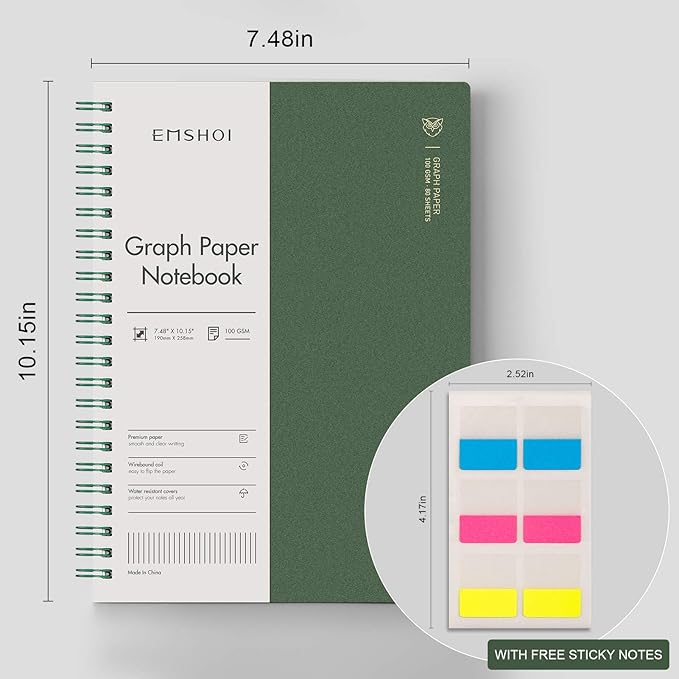 EMSHOI Graph Paper Spiral Notebook 7.48" x 10.15" - B5 Graph Paper Notebook, 2 Pack 320 Pages 100gsm Thick Grid Paper, Plastic Hardcover Journals for Writing Engineering Graphing Work School Supplies
