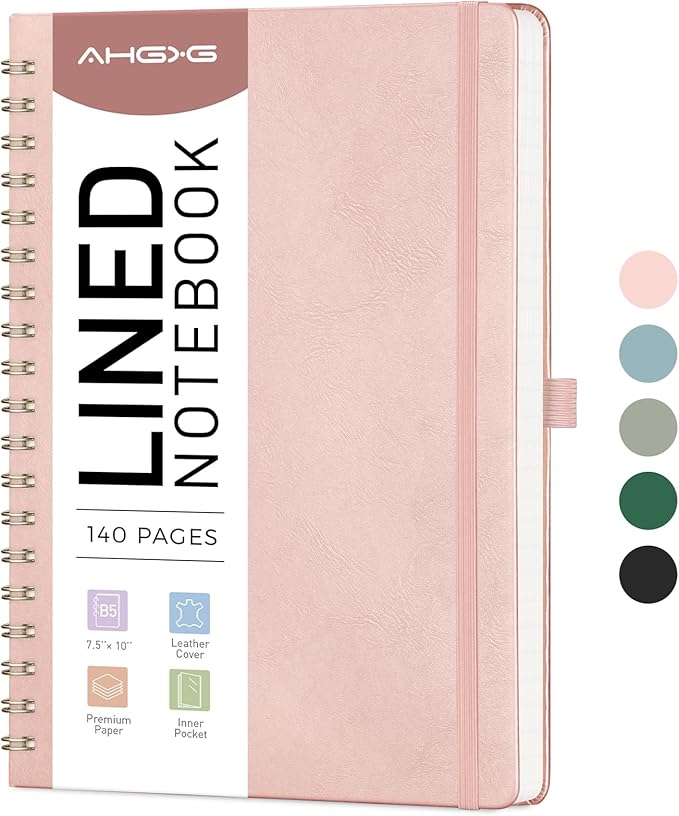AHGXG Lined Spiral Journal Notebook, B5 Large Journals for Women Men, 140 Pages Hardcover Leather Notebook College Ruled, 100 GSM Paper, Notebooks for Work School Note Taking, 7.6" x 10", Rose Gold