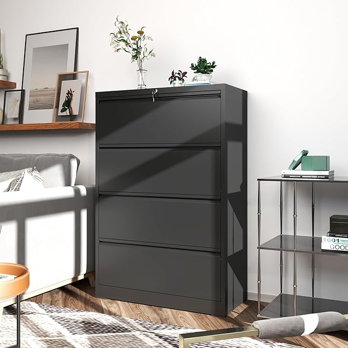 File Cabinets 4 Drawer,Metal Office Storage Filing Cabinet with Lock,Black Lateral Filing Cabinet for Home Office,Horizontal Locking File Cabinets for Legal/Letter/A4,Assembly Require,Black