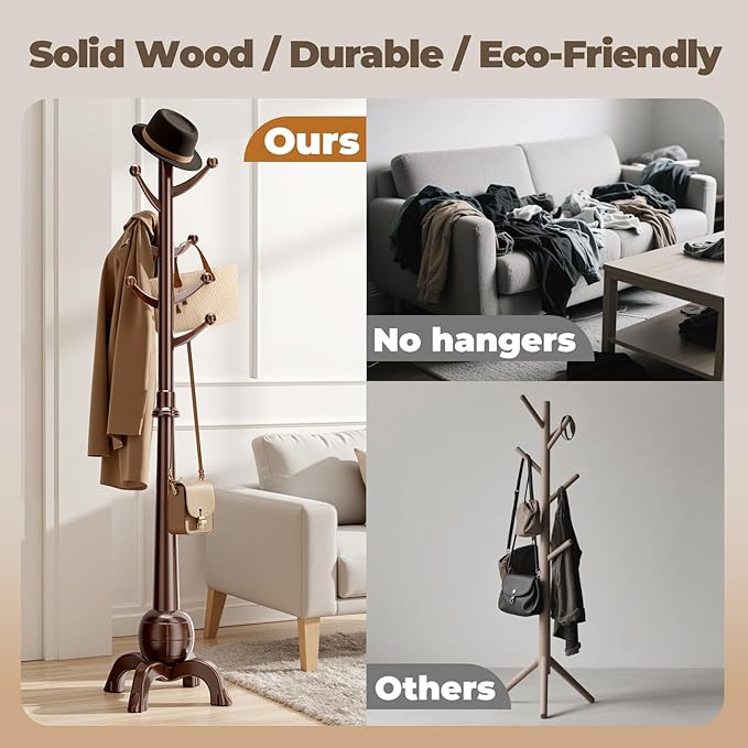 Wood Coat Rack Freestanding, Solid Wooden Hall Tree with 8 Hooks, Coat Tree Freestanding Heavy Duty with Stable Base, Entryway Hallway Bedroom Office Use, 240lbs Load Capacity H:71.6in (Natural)