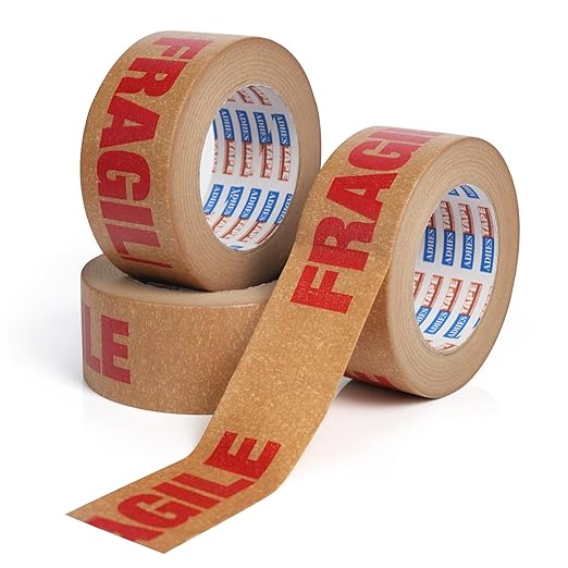 ADHES Fragile Tape, Biodegradable Kraft Paper Tape - 2in x 55yds, 3 Rolls, Strong Adhesive, Eco-Friendly Paper Packing Tape for Shipping & Moving, Heavy Duty Protection for Fragile Items