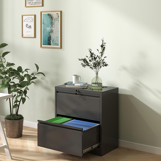 2 Drawer Locking Filing Cabinet Heavy Duty Large Metal Cabinets Black Home Office Lateral File Cabinets Wide Steel Cabinet for Legal/Letter Size File,Assembly Required