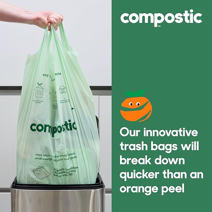 Home Compostable Trash Bags, 13 Gallon Tall Kitchen Rubbish Bags (23” x 29”), Extra Strong & Quickly Breaks Down, 100 Count