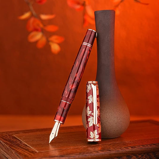 Hongdian N8 Red Acrylic Resin Fountain Pen, Iridium Extra Fine Nib Rose Gold Trim Maple Leaf Carving Cap, Smooth Writing Pen with Converter and Metal Pen Box Set