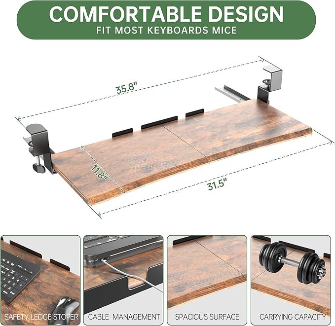 Extra Large Keyboard Tray Under Desk - Slide Out with Sturdy C-Clip Mount System, 31.5" (35.8" Including Clamps) x 11.8" Put-Out Keyboard Tray Computer Drawer, Rustic Vintage Brown