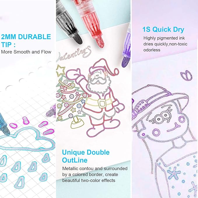 Hoxida Outline Marker Self-outline Metallic Markers, 12 Colors Double Line Outline Markers, Super Squiggles Shimmer Glitter Pen Set for Christmas Greeting Card, Kid Drawing, Doodling,DIY Art Crafts