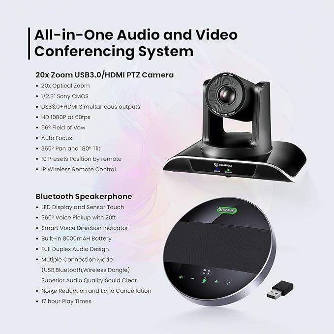 20x Zoom Conference Room Camera System TONGVEO All-in-1 Video and Audio Conferencing System 20X Optical Zoom USB3.0 HDMI PTZ Camera and Conference speaker with microphone Bundle for large Meeting Room