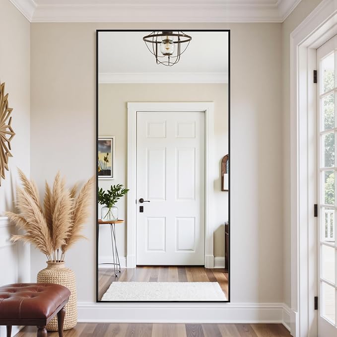 Full Length Mirror, 76"x34" Oversized Floor Mirror Freestanding, Full Body Mirror Floor Standing Mirrors with Stand, Hanging Mounted Mirrors for Bedroom Living Room, Black, Rect Style