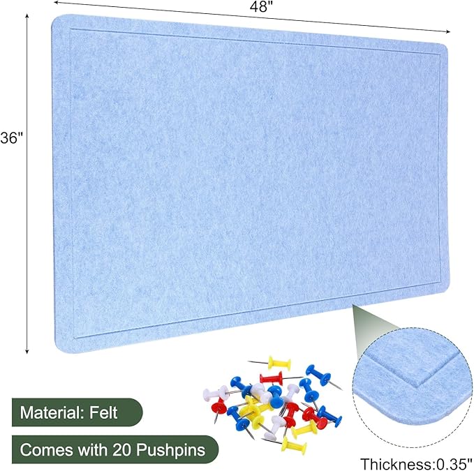 YOKIVE Felt Bulletin Board, 48 x 36 -Inch Foldable Decorative Pin Board Self Adhesive Felt Cork Board with 20 Pushpins, Great for Wall, Photo Display, Paste Note, Schedule(Blue)