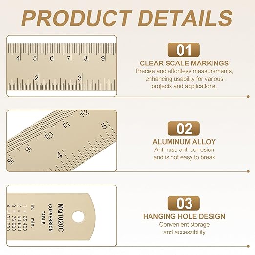 HARFINGTON 4pcs Metal Straight Ruler 30cm Metric SAE Aluminum Alloy Measuring Rulers Scale Tool with Hole for Measure Study Reading Classroom Office, Beige