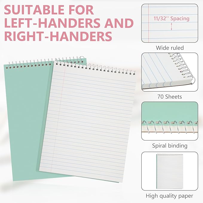 6 Pack 8.5 x 11'' Top Bound Office Steno Book Wide Ruled Double Sided Spiral Notebooks Reliable White Paper 70 Sheets/Pad Pastel Colors Covers for Writing School Notes(Bohemian Color)