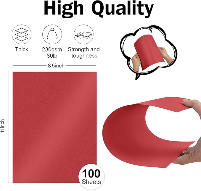 100 Sheets Red Shimmer Cardstock 8.5 x 11 Red Paper, Goefun 80lb Card Stock Printer Paper for Christmas, Invitations, Certificates, Valentines Day, Card Making