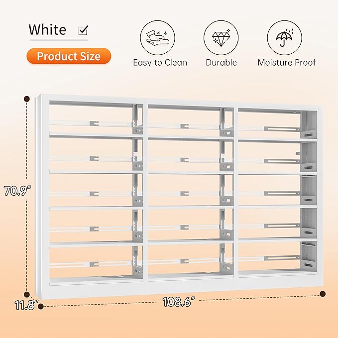 5-Tier Bookcase with Adjustable Storage Shelves, Metal Bookshelf with Book Stopper, Bookcase Shelf for Library, Office, Living Room (White(1 Column,3 Combination Bookshelves))