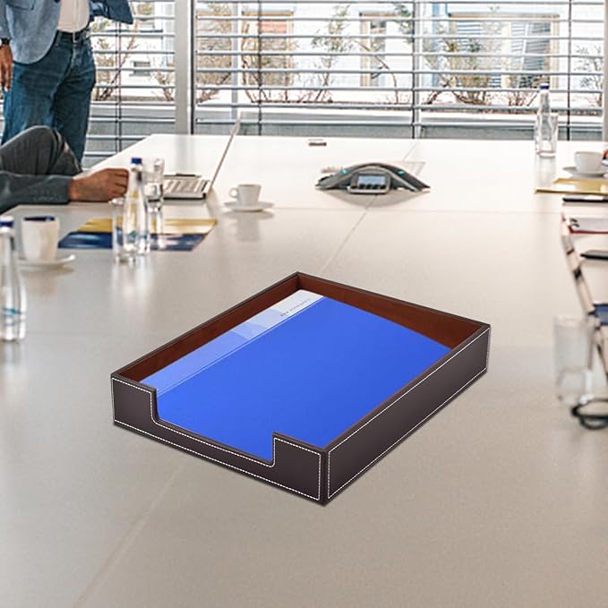 PU Leather 1-Layer Stackable Office File Document Tray Case Rack Paper Letter Tray Desk File Document Organizer Holder (Coffee)