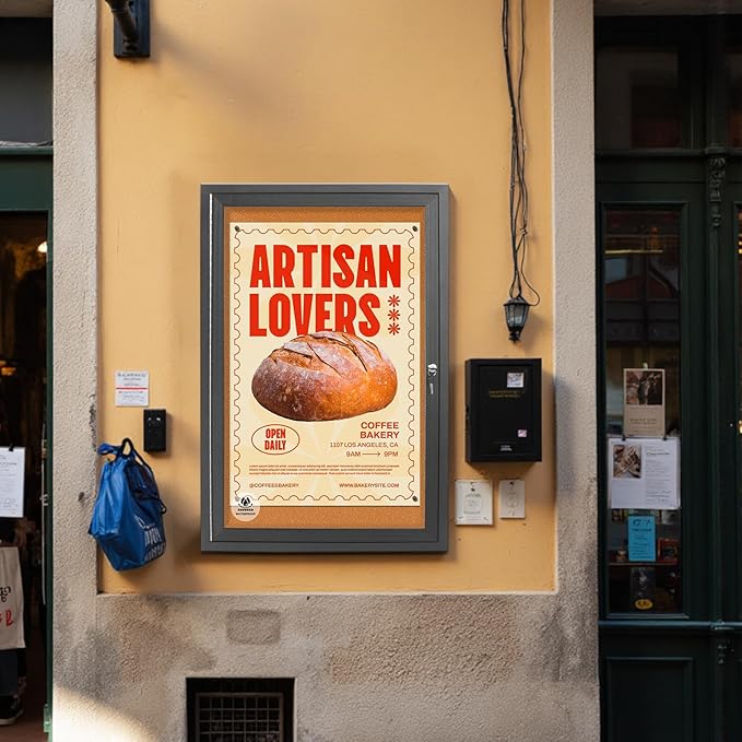 36x24 Inch Outdoor Enclosed Bulletin Board with Locking Door - Weatherproof & Tamperproof Cork Notice Board - Black Aluminum Frame