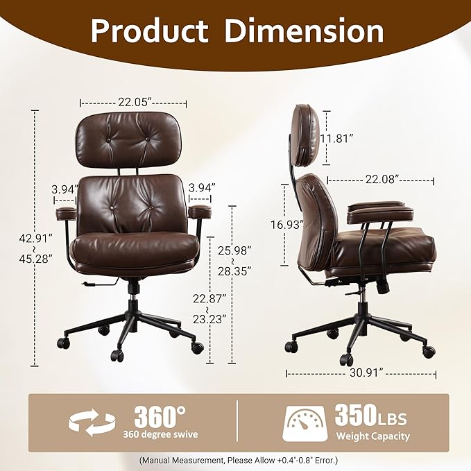 Faux Leather Executive Big and Tall Office Chair - Reclining Task Swivel PC Chair with Lumbar Support, Dark BrownPU
