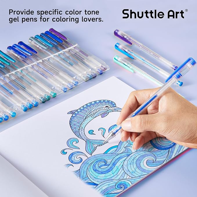Shuttle Art 60 Pack Blue Tone Gel Pens, 30 Blue Tone Gel Pens with 30 Refills for Adults Coloring Books Journaling Drawing Nature, Landscapes, Animals Scenes