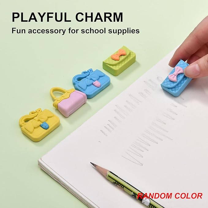 24Pcs Cute Bag Shape Erasers for Girls Kids, Fun Handbag Pencil Erasers for School Classroom Supplies Birthday Party Favors
