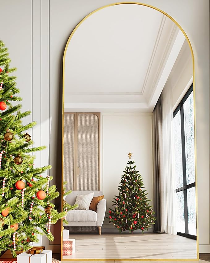 Full Length Mirror, 81"x41" Oversized Floor Mirror Freestanding, Full Body Floor Standing Mirror with Stand, Hanging Mounted for Bedroom Living Room, Gold, Arched Style