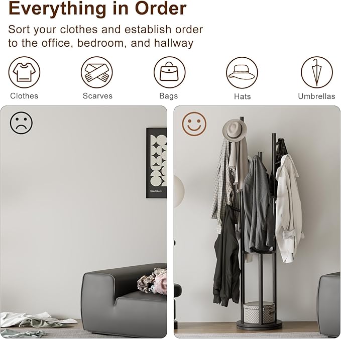 Solid Wood Rotary Coat Rack, Freestanding Coat Rack with 3 Shelves and 9 Hooks, Coat tree for Bedroom, Entryway, Livingroom, Coat Hanger Stand for Coats, Scarves, Handbags (Black)