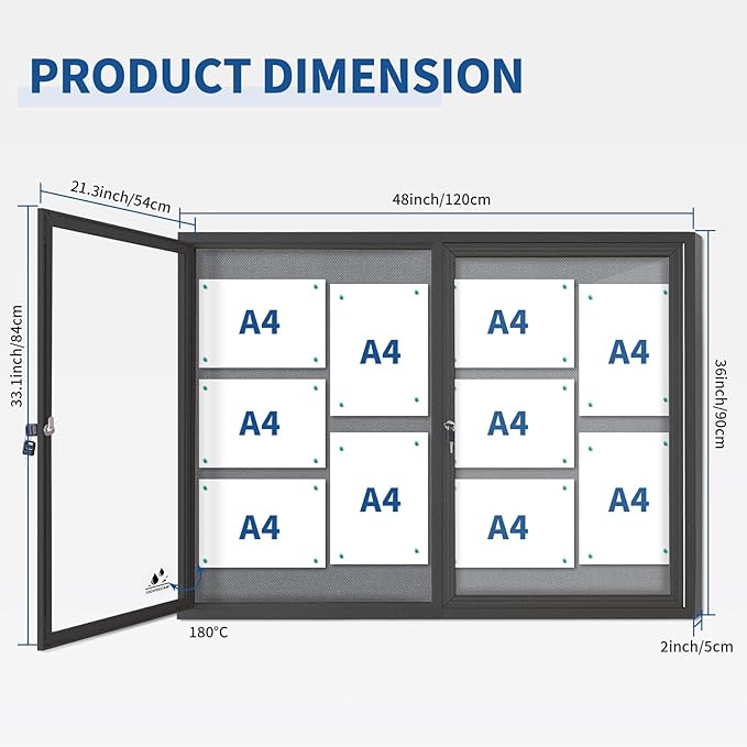Enclosed Bulletin Board Lockable,Double-Door Weatherproof Outdoor Noticeboard with Locking Door, Wall-Mounted Aluminum Framed Presentation Board, 44x32 Inch (8xA4)