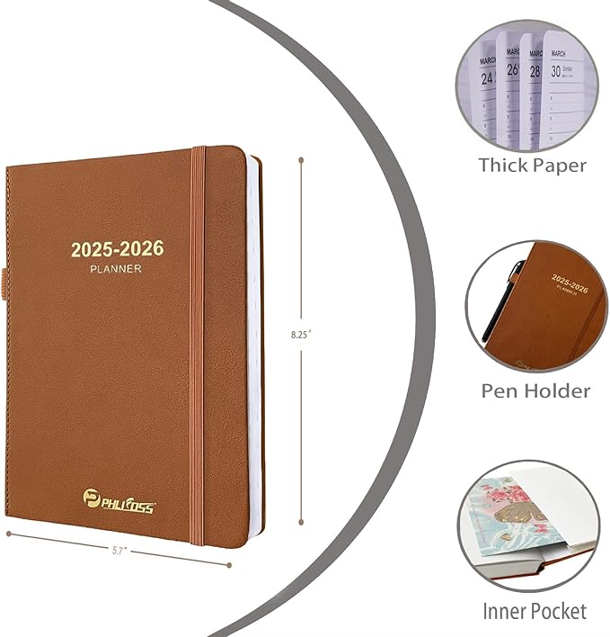 Daily Planner 2025-2026, One Page Per Day, Academic Planner (July 2025 - June 2026), Appointment Book with Time Slots and Monthly Tabs, 5.7" x 8.25", Pocket, Leather Cove (Brown)