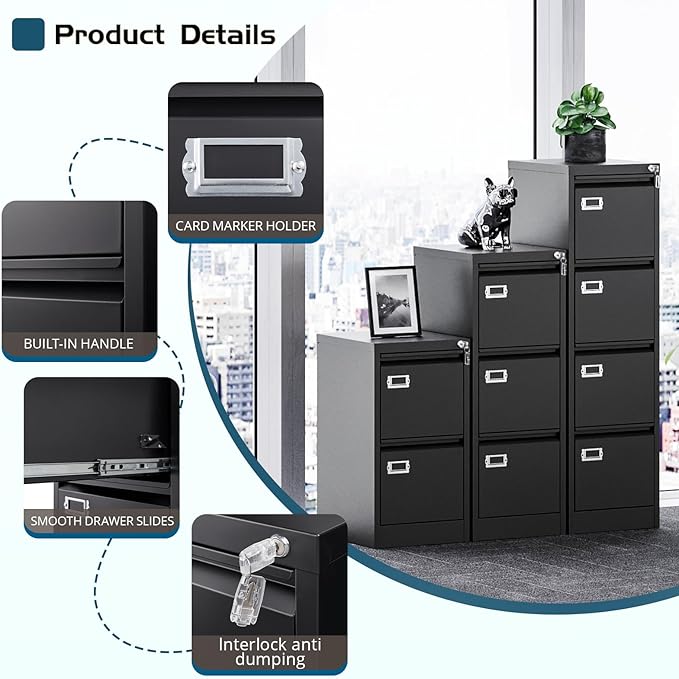 MIIIKO 3 Drawer File Cabinet, Black Metal Vertical Filing Cabinet with Lock, Home Office File Folders Storage Cabinet for Letter Legal A4 File Size