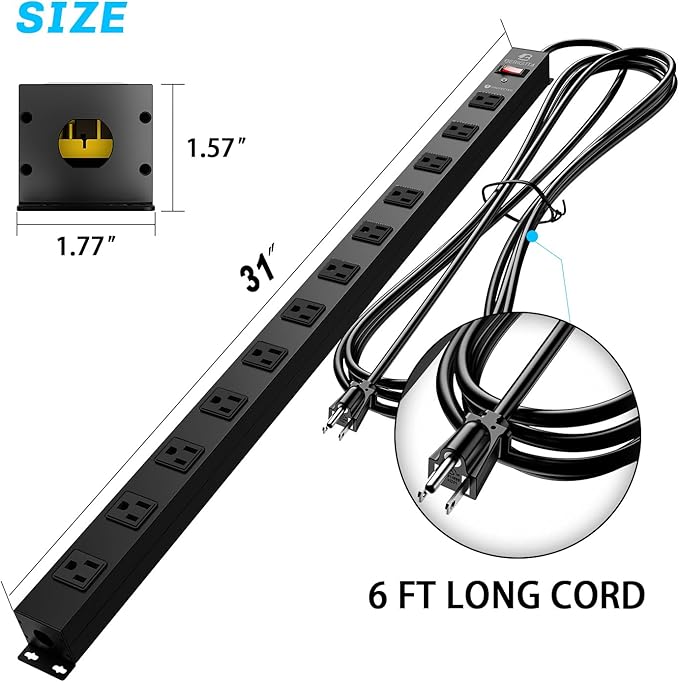 12 Outlet Surge Protector Metal Power Strip, 1800J Mountable Power Outlet, Heavy Duty Workshop Metal Power Strip for Commercial, Industrial, School and Home,15A 125V 1875W (6FT)