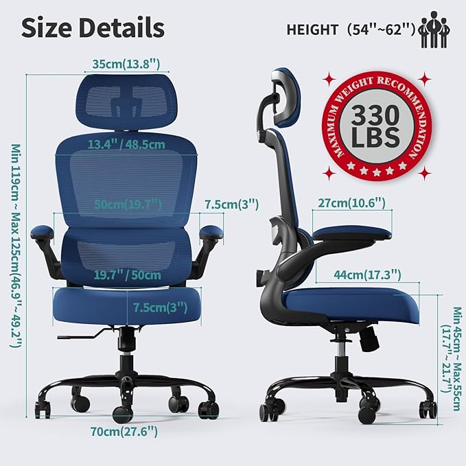 TRALT Office Chair Ergonomic Desk Chair, 330 LBS Home Mesh Office Desk Chairs with Wheels, Comfortable Gaming Chair, High Back Office Chair for Long Hours (Blue)