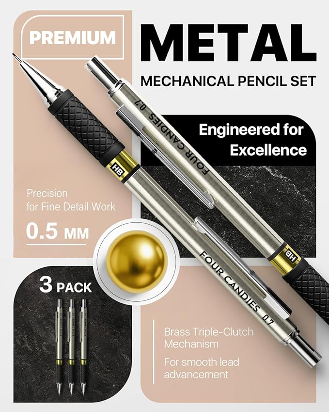 Four Candies Metal Mechanical Pencil Set - 3PCS 0.5mm Art Mechanical Pencils & 360PCS HB Lead Refills & 3PCS Erasers & 9PCS Eraser Refills, Drawing Mechanical Pencils for Writing, Sketching -With Case
