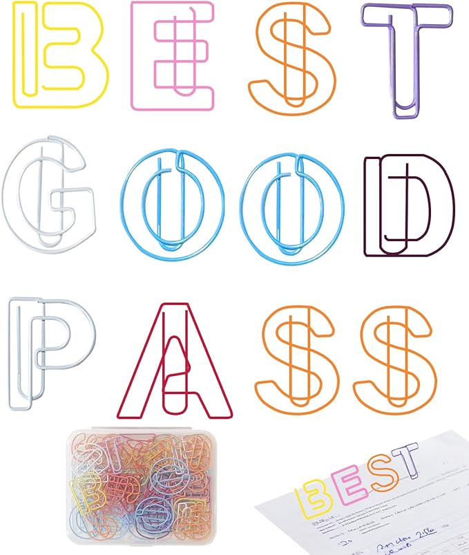 52 Pcs Stainless Steel Paper Clips - Alphabet Letter Clips for Office & School with Storage Box Assorted Color (Teachers' Themes)