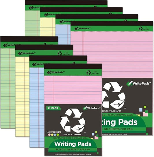 KAISA Colored Legal Pad 15lb Recycled Paper Writing Pad, 4pcs 5"x8" Narrow Ruled and 4pcs 8.5x11 inch Wide Ruled, 50 Sheets, Mixed 8pads, KSU-7358