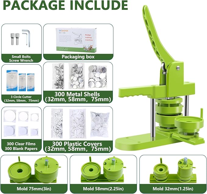 Button Maker Machine Multiple Sizes, DIY Pin Maker Button Press Machine 1.25+2.25+3 Inch, Removable Badge Press Kit with 300 Pcs 32mm+58mm+75mm Badge Supplies&Circle Cutter