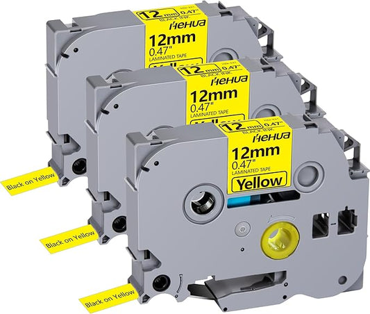 Hehua Tape Tze Tz 12mm 0.47 Black on Yellow Laminated Compatible for Brother TZe-631, TZe631 TZ-631 Label Maker Tape Compatible for Brother Ptouch Tape 12mm 0.47 Yellow for PT-D200, 3 Pack