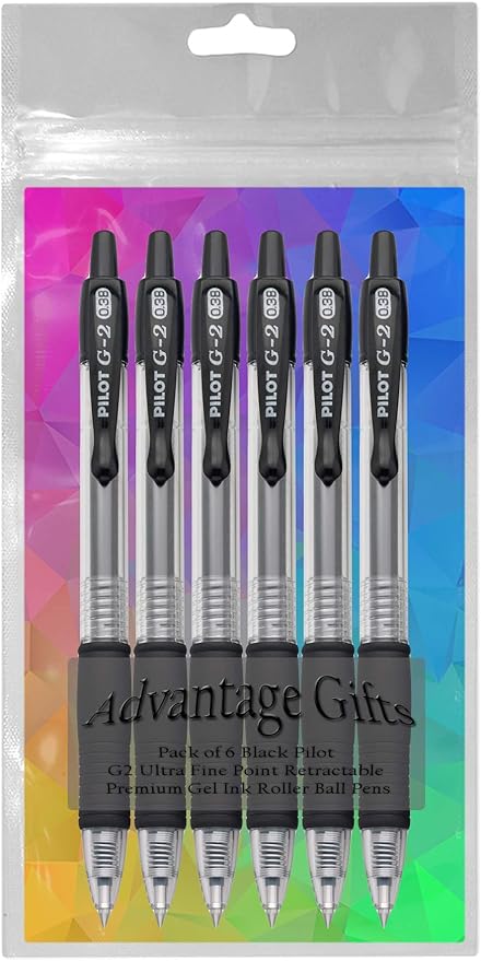 G2 Retractable Premium Gel Ink Roller Ball Pens Ultra Fine Point (.38mm) Black Ink 6 pack; Refillable & Premium Comfort Grip Bundle with Plastic Reusable Pouch