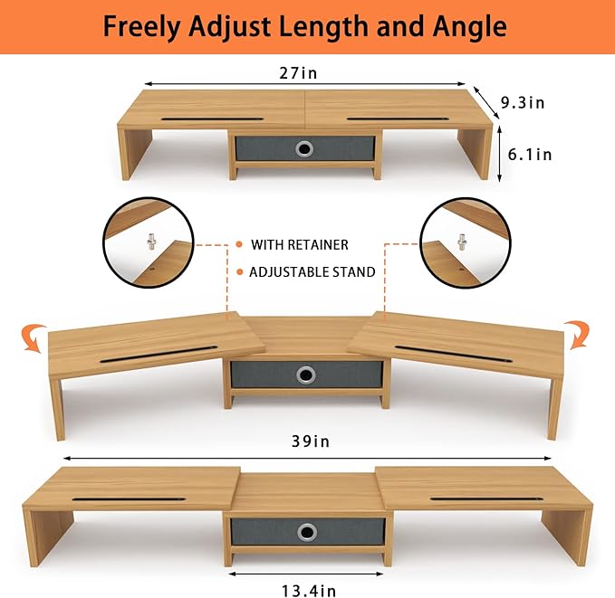 WESTREE Dual Monitor Stand Riser with Drawer - Adjustable Length and Angle, 2 Phone Hold, Desktop Organizer for Computer/Laptop/PC/Printer