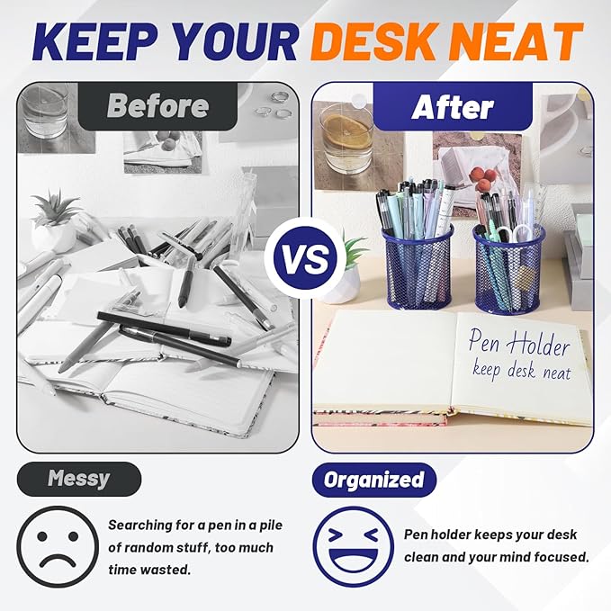 Segarty Pen Cup, 3 Pack Round Cute Dark Blue Pen Holder for Desk, Wire Mesh Pencil Holder Container Set, Desktop Organizer for Office Supplies, Maker, School, Home Storage, Makeup Brush