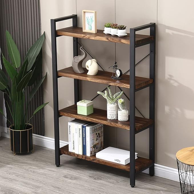 Solid Wood Bookshelf, 4-Tier Rustic Vintage Industrial Etagere Bookcase, Open Metal & Wood Vintage Book Shelf, Retro Brown
