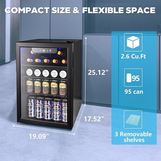 2.6 Cu.ft Beverage Refrigerator Cooler, 95 Can Mini Fridge Glass Door with Adjustable Shelves, Digital Temperature Display, Freestanding Small Drink Fridge for Home, Office or Bar(Black)