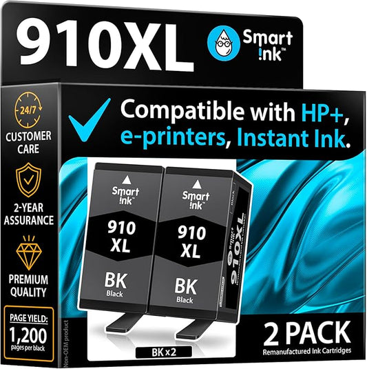 Smart Ink Remanufactured Ink Cartridge Replacement for HP 910 XL 910XL (Black XL 2 Combo Pack) to use with HP OfficeJet Pro 8025e 8028e 8035e 8025 8028 8035 OfficeJet 8015e 8022e 8015 8022 Printers