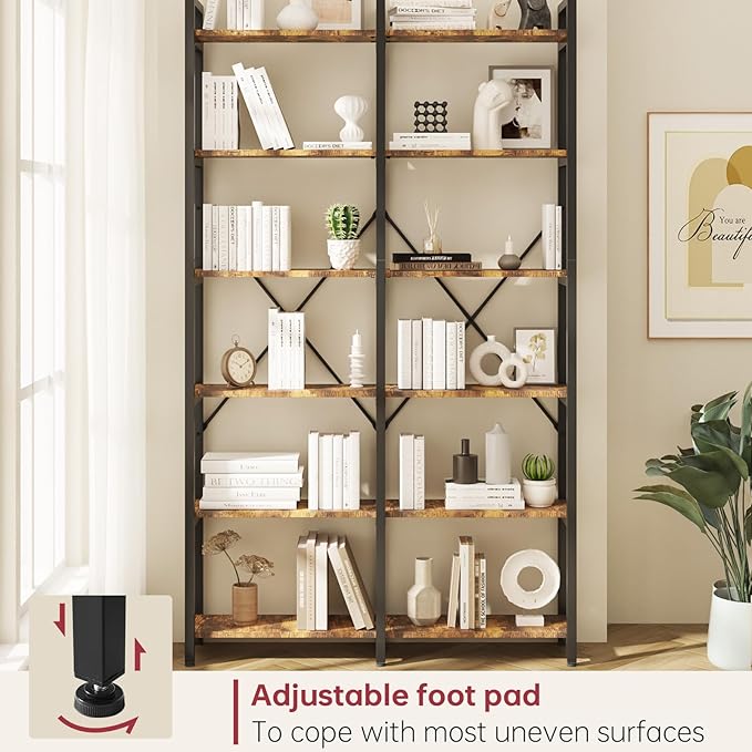 oneinmil 6 Tier Bookshelf Set of 2, 71.5'' Industrial Wood Bookshelves, Book Shelf with 12 Open Display Shelves & Metal Frame, Tall Bookcase for Home and Office, Rustic Brown