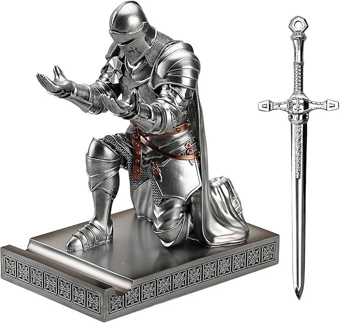 Medieval Armored Warrior Wearing Outerwear, Mobile Phone Stand Knight Pen Holder Desk Organizers, Resin Bookends Paperweight with a Letter Opener for Desk (Silver)