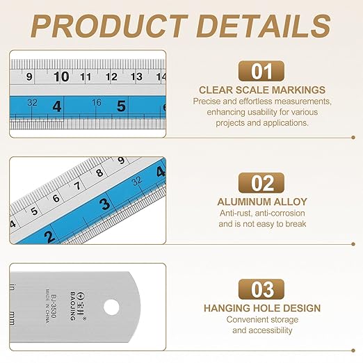 HARFINGTON 6pcs Metal Straight Ruler 30cm Metric SAE Aluminum Alloy Measuring Rulers Scale Tools with Hole for Measure Study Reading Classroom Office, Blue