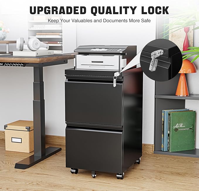 2 Drawer File Cabinet On Wheels Mobile File Cabinet with Lock Under Desk Metal Filing Small Rolling Black Printer Stand for Home Office Assembly Required