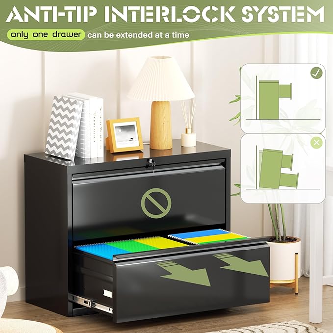 Incbruce Lateral File Cabinet with Lock, 28" W 2 Drawer Filing cabinets for Home Office Home, Office, Fit A4/F4/Letter/Legal File, Under Desk Filing Cabinet (Black)