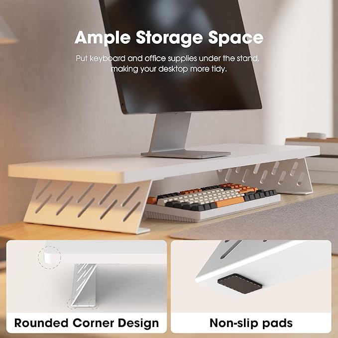 Fenge Monitor Stand Riser, Desk Top Shelf for 2 Monitors, Computer Stands for Desk, Wood & Steel Desktop Riser for Laptop, PC, Printer