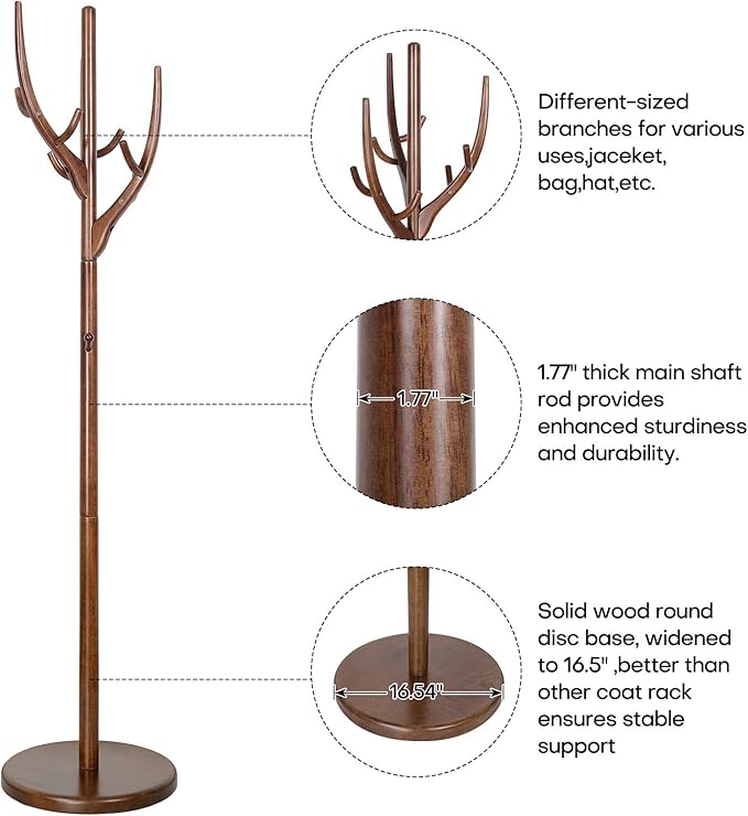 Wood Coat Rack, Coat Tree Freestanding Wooden Coat Rack Stand with 12 Hooks, Heavy Duty Hall Tree Coat Hat Stand with Sturdy Base, Free Standing Coat Racks for Entryway, Bedroom, Brown