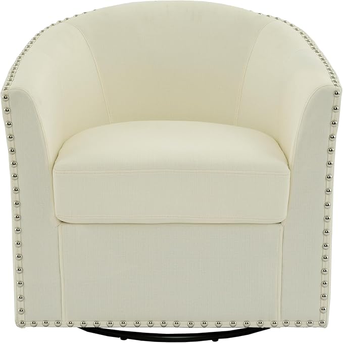 UIXE 360° Swivel Barrel Accent Chair, Modern Upholstered Arm Chair Round Club Armchair, Nailhead Trim Single Sofa Seating in Fabric for Living Room - White