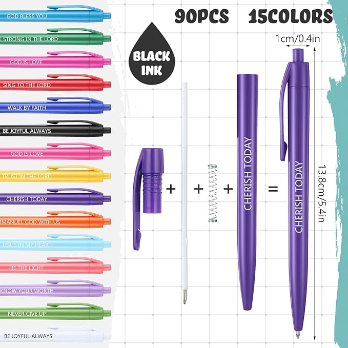 90 Pcs Ballpoint Bible Pen Inspirational Scripture Quotes Black Gel Ink Pens Bulk Religious Retractable Rolling Ballpoint Pens for Party Favors Back to School Gift Supplies (Christian)
